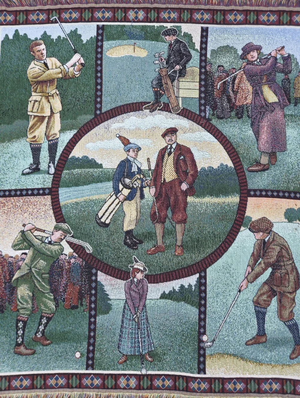 Vintage Golf Tapestry Blanket Woven Fringe Throw Country Club Decor Dad Gift Art